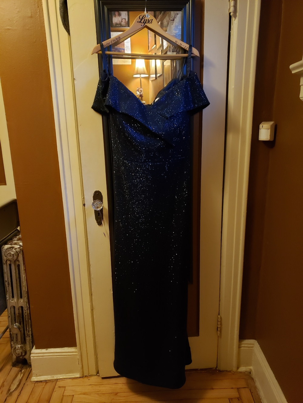 Mon Cheri Sparkling Navy Blue Off-Shoulder Maxi Dress